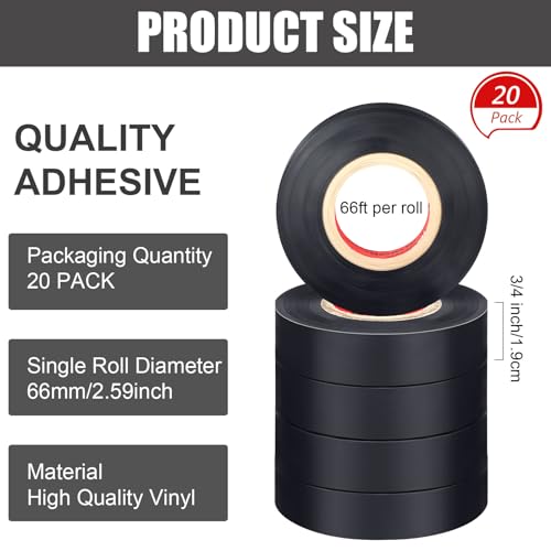 Image of Treela Black 66 ft 20 Rolls Electrical Tape 3 /4 Inch Waterproof Vinyl Electrical Insulating Tape Indoor Outdoor High Temperature Resistance Accessory for Wire and Cable (Pack of 2)