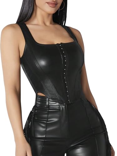 SHENHE Women's Square Neck Top PU Leather Fitted Summer Crop Tops