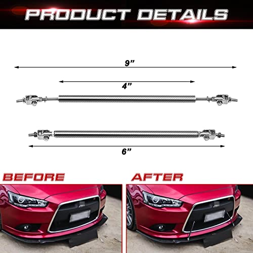 Xotic Tech 2pc Adjustable 6\"-9\" Front Bumper Lip Splitter Diffuser Strut Rod Tie Bars Compatible with Most Vehicles [Carbon Fiber Black] - Thumbnail 2