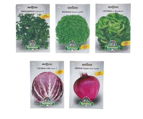 L'ORTOLANO-OFFERTA-5 BUSTE Di Semi Da Piantare -Prezzemolo, Basilico Greco a Palla, Lattuga, Cicoria, Cipolla Tropea Rossa Tonda. Sementi Selezionate e di Alta Qualità. Buste termosaldate.
