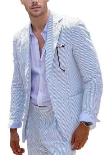 Blue Seersucker Suits 2 Piece Casual Summer Beach Men Suits Wedding Grooms Jacket Pants Striped Suit Set