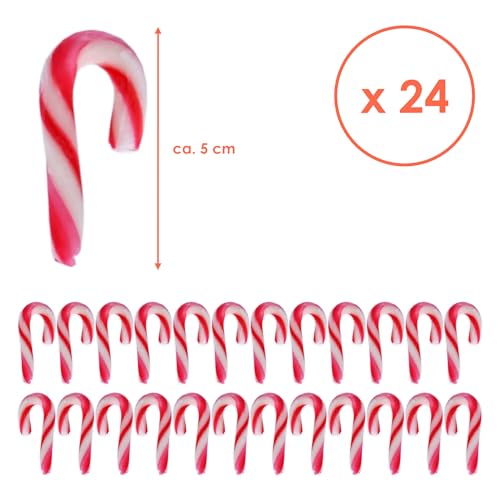 Mini Zuckerstangen Baumanhänger essbar Erdbeer Geschmack - 24 Stück - Candy Cane Weihnachtsbaum Anhänger zum Essen - Christbaum Schmuck Weihnachts Deko Süßigkeiten Bonbon