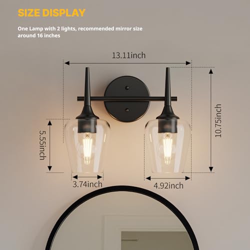 Image of Black Vanity Light 2-Light Modern Farmhouse Bathroom Light Fixture with Wine Glass Shades for 16 Inch Mirror, Decor Wall Sconce for Hallway Bedroom