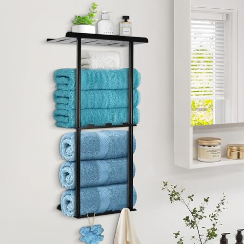 Samlonge 76cm Toallero de Baño de Pared, Toallero de Baño Sin Taladro con Estante y 6 Ganchos Toallero de Pared Autoadhesivo Soporte de Pared para Toallas Negro