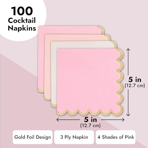 Sparkle and Bash 100 Pack Pink Scalloped Cocktail Napkins with Gold Foil Accents for Bridal and Baby Shower (3-Ply, 5 x 5 In)