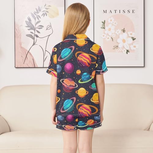 ALAZA Planet Space Solar System Watercolor Satin Pajamas Set Short Sleeve Button Down Sleepwear Summer Pjs 2 Piece4