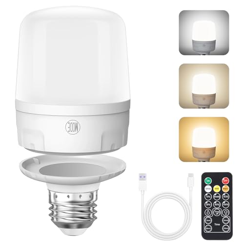Qoolife Bombilla Recargable E27 con Mando a Distancia Magnética - 9W LED USB-C, 2000mAh para Camping/Armarios/Apagon (Paquete 1 Unidad)