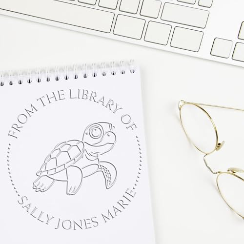 Custom Library Collection Embossing Stamp, Hybrid Friendly Turtle Design, Personalized Book Label Embosser, Available in Pink or Black Handle Options, Ideal for Reading Enthusiasts, 1-5/8 Round Seal