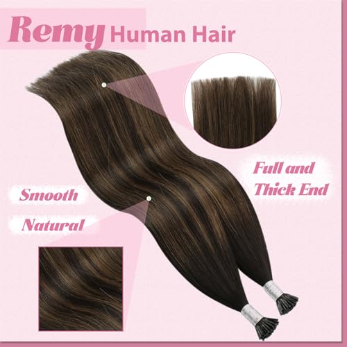 Image of YoungSee I Tip Hair Extensions Human Hair Brown 24 Inch Itips Hair Extensions Dark Brown Balayage with Browns Itip Hair Extension Real Human Hair Ombre I-Tip Extension Long Hair 50g 50s
