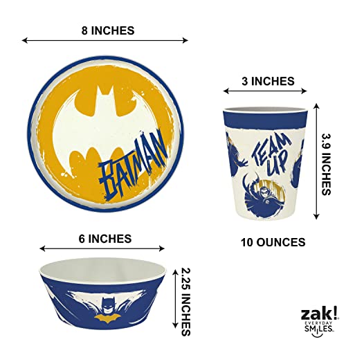 Image of Zak Designs DC Comics Batman Kids Dinnerware Set 3 Pieces, Durable and Sustainable Melamine Bamboo Plate, Bowl, and Tumbler are Perfect For Dinner Time With Family (Batman, Robin, Batgirl)
