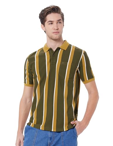 Image of Peter England Men's 100% Cotton Vertical Striped Polo T-Shirt - Casual Wear | Sleek & Comfortable