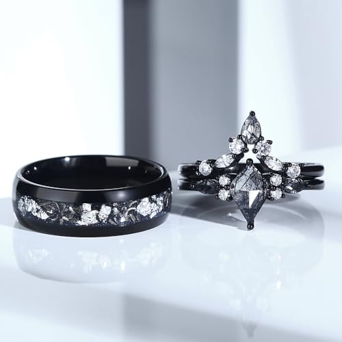 Black Rutilated Quartz Rings for Couples, Mens Meteorite Wedding Band, Personalized Promise Rings for Couples, Engraved Kite Cut Gothic Ring Set3