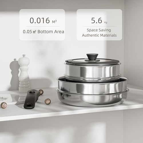 Image of Caannasweis Detachable Nonstick Cookware Set - Stackable Induction Pots and Pans With Removable Handles, Dishwasher Safe - For RV Camping, Oven and Stovetop Use, 5 Pieces (Stainless Steel)