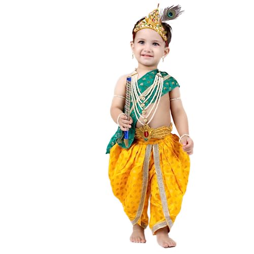 Image of ITSMYCOSTUME Krishna Dress for Baby Boy Kids Set of 10(Dhoti,Hip Cover,Patka,Mukut,Morpankh,Bansuri,Kamarband,Bajuband,Kundal) Little Krishna Ji Kanha Janmasthmi Costume