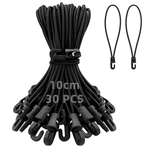Obidodi Goma tensora con ganchos de 10 cm, 30 unidades con ganchos, tensor de lona para tienda de campaña, tensor de goma para redes, pancartas, camping, color negro