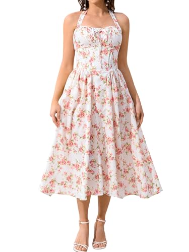 Image of KUTUMAI Summer Floral Corset Midi Dress Halter Smocked Sundress Flowy A Line Beach Wedding Guest Dresses for Women 2025