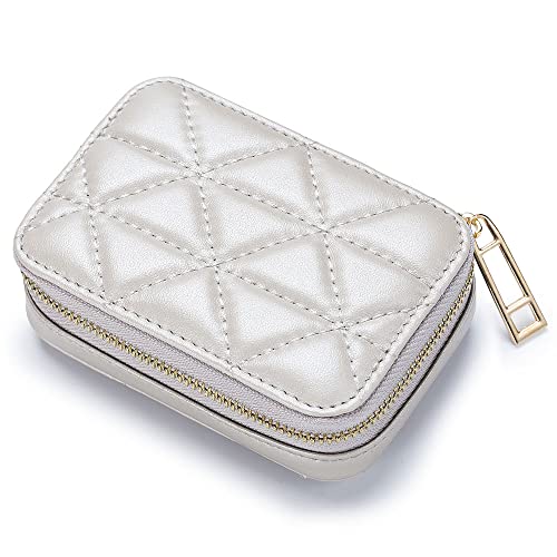 Aileder Lipstick Case with Mirror Genuine Leather Zipper Lipstick Holder Box Small Travel Makeup Cosmetic Organiser Storage Kit for Women Ladies (White)