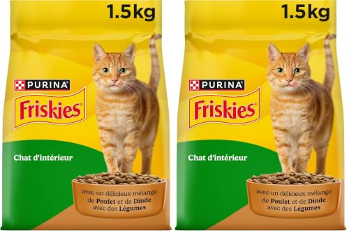 FRISKIES | Chat d'intérieur | Croquettes complètes pour Les Chats Adultes d'intérieur | Au Poulet et aux Légumes | Aliment Complet pour Les Chats Vivant en intérieur | Sac | 1,5 KG (Lot de 2)