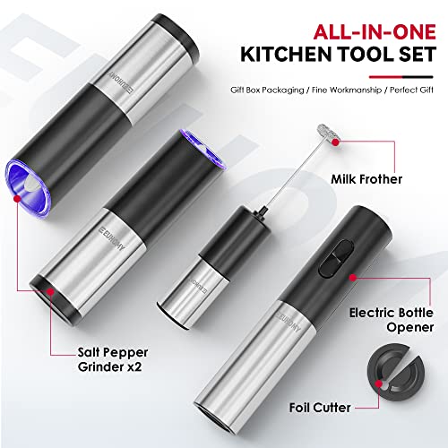 Euhomy 4-In-1 Electric Wine Opener Gift Box With Foil Cutter, Cordless Electric Wine Bottle Opener Battery Powered, Salt Pepper Grinder, Handheld Milk Frother Kitchen Tool Set. #TOP5