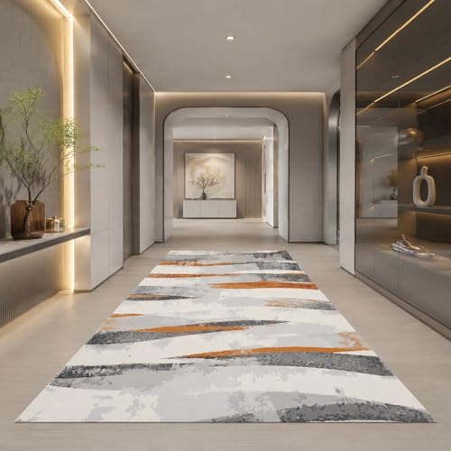 Grand tapis design moderne abstrait en gris blanc orange de qualité supérieure