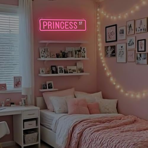 Image of Pink Princess Street Neon Sign for Wall Decor,Princess St Tin Neon Led Sign for Y2k Wall Decor,Girl Bedroom,Girls Cave