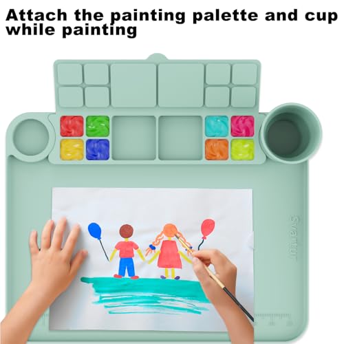 Image of Svartur Silicone Painting Mat with Cup and Palette Detachable, 17 inchX13 inch Thick Silicone Craft Mat with Raised Edge for Artist, Painting Station Creator Mat, Green