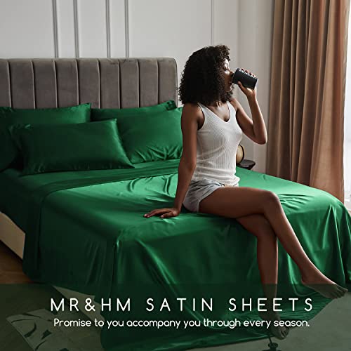Image of MR&HM Satin Bed Sheets, Full Size Sheets Set, 4 Pcs Silky Bedding Set with 15 Inches Deep Pocket for Mattress (Full, Dark Green)