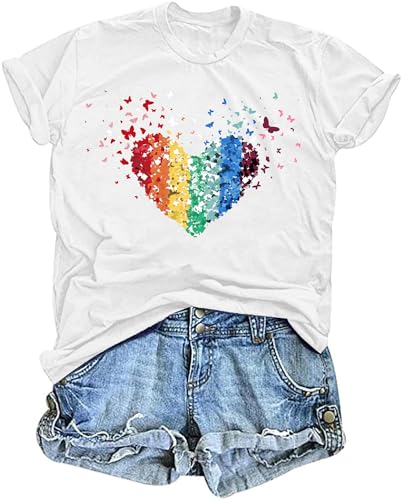 tiorhooe Gay Pride T Shirt Women Rainbow Flag Heart Shirts LGBT Pride Month T-Shirt Short Sleeve Tops