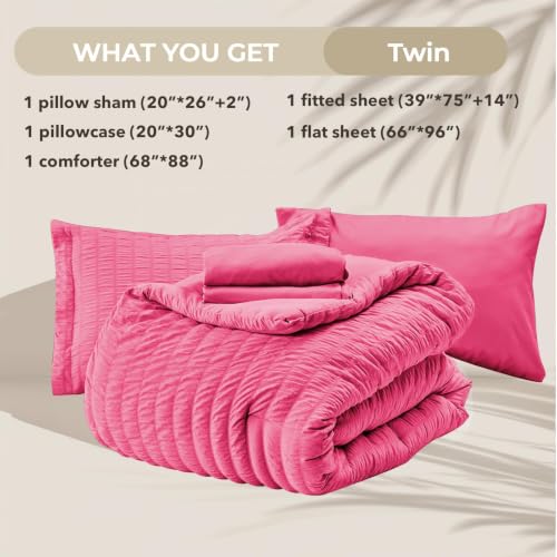 Image of HYMOKEGE Hot Pink Twin Comforter Set Seersucker 5 Pieces, All Season Luxury Bed in a Bag for Bedroom, Bedding Set with Comforter, Sheets, Pillowcase & Sham