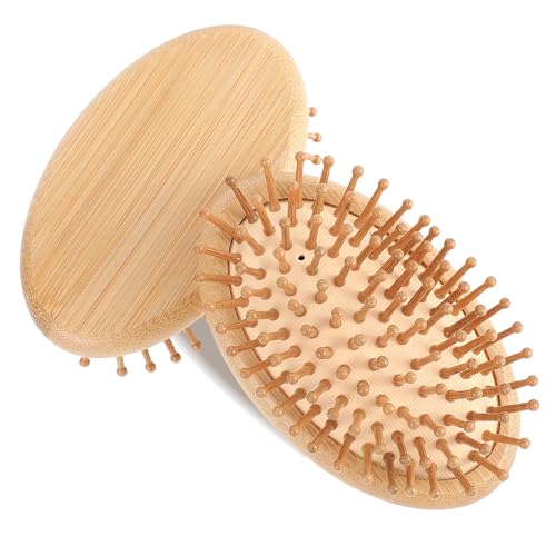JJUNW 2Pcs Bamboo Brush for Hair Growth, Natural Wooden Scalp Brush Scalp Massager Anti-Static Air Cushion Hairbrush Round Detangling Hairbrush, No Handle Design for Women and Men