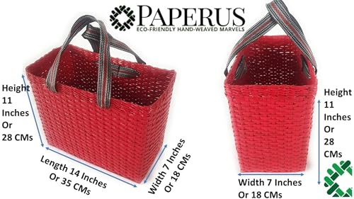 Image of Paperus, Rectangular, Red, Large, Picnic Basket, Lunch Bag, Tiffin Basket for office, Carry Bag for Lunch Box & Bottles, Eco-Friendly, Handmade, Height 11 Length 14 & 7 Inch Wide Base