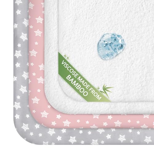 Image of Pack and Play Sheets & Waterproof Terry Pack N Play Mattress Protector Pad Cover 4 Pack, Viscose Terry Pack N Play Sheets Set, Grey & Pink