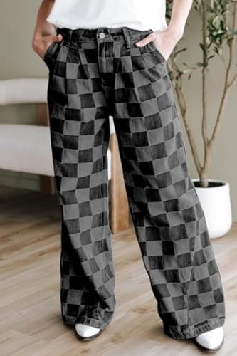 yoeasy Women's Wide Leg Jeans Checkered High Waisted Straight Leg Baggy Loose Stretch Plaid Casual Denim Pants2