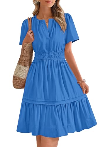 BTFBM Women's Casual Dresses 2025 Summer Spring V Neck Short Sleeve Sundress Smocked Waist A Line Tiered Mini Dress