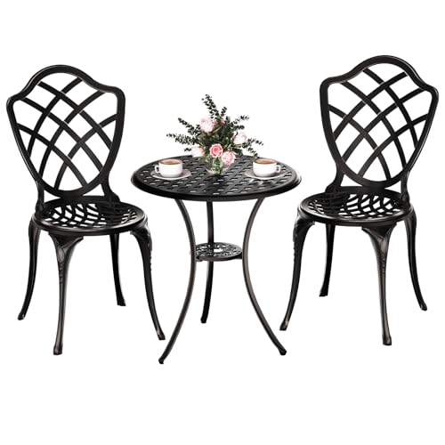 Z1UVDFUR 3 Piece Patio Bistro Set, Outdoor Bistro Table and Chairs Set of 2 w/Umbrella Hole, Rust-Resistant Cast Aluminum Bistro Set for Garden/Balcony/Backyard, Black