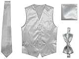 JAIFEI Satin Men Wedding Vest – Set with Neck Tie, Bow Tie & Handkerchief (L(Chest 42), Sliver)
