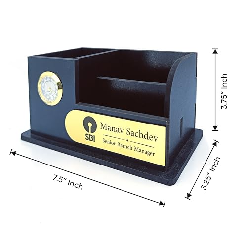 Image of AJANTA ROYAL Elegant Desktop Organizer with Clock, Pen Stand & Phone Holder & Personalized Name Tag, A unique corporate gift. (Black)