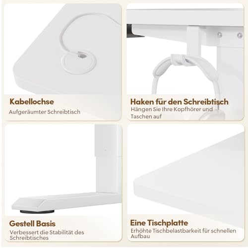 JUMMICO Höhenverstellbarer Schreibtisch KOMPLETTE TISCHPLATTE Elektrischer Schreibtisch Höhenverstellbar mit Memory-Funktion Steh-Sitz Tisch Computertisch 140 x 60 cm Weiß
