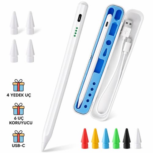 iPad Kalem, Apple Pencil Alternatifi, USB-C Hızlı Şarj, Palm Rejection, iPad Pencil, iPad 6-11/Air 3-7/Mini 5-7/Pro Uyumlu, 4 Yedek Uç ve 6 Uç Koruyucu Dahil