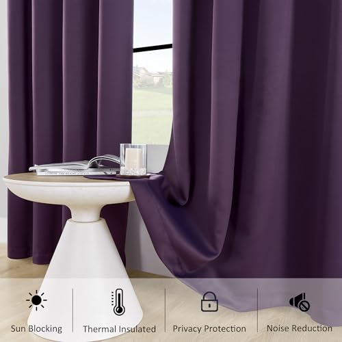 Image of HUTO 108 Inches Long Blackout Bedroom Window Curtains Drapes - Antique Copper Thermal Insulated Privacy Protect Curtains Drpaeries for Living Room, 2 Panels, 52 x 108 Inch, Plum Purple