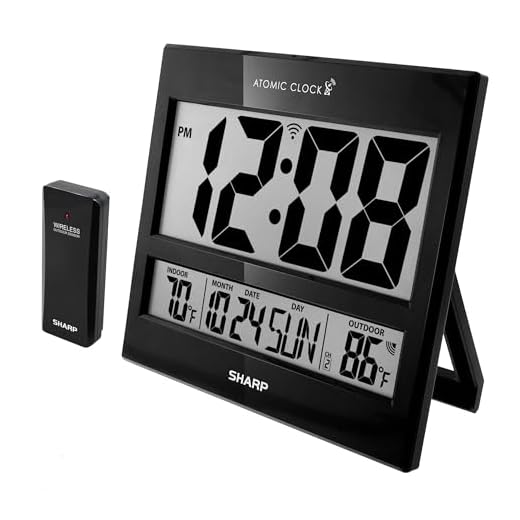 Sharp Atomic Clock - Never Needs Setting! - Jumbo 3" Easy to Read Numbers - Indoor/Outdoor Temperature Display with Wireless Outdoor Sensor - Gloss Black
