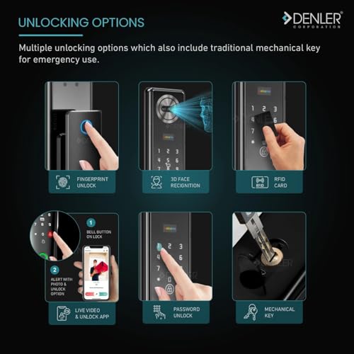 Image of Denler F4s 7-in-1 Smart Door Lock | 3D Face ID | Fingerprint | App Unlock | LCD Camera | Inbuilt Wi-Fi | Android & iPhone Support | RFID Card | PIN | Key | for Min 40mm Door