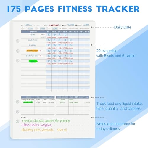 Harphia Ersatzblätter für Workout-Tracker-Planer mit 6-Ringbindung, Einlegeblätter für Fitnessjournal-Notizbücher, A5-Format (8,27 x 5,71 Zoll), effizient und professionell