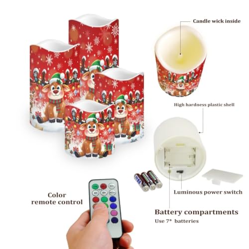 Image of Christmas Flameless Battery Operated Lamp with Remote Control | Reindeer LED Flickering, Battery Operated, Color Changing Electric Pillar Candles for Living Room, Xmas Decoration, 4 Pack