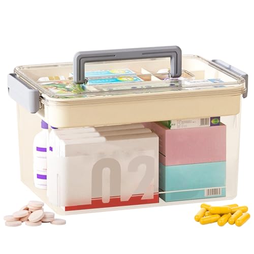 LUPATDY Grande Boîte à Médicaments Double Couche avec Poignées - Organisateur de Rangement avec Couvercle pour Pharmacie Familiale, Trousse à Pharmacie Maison, Blanc (Grand Modèle de Stockage)