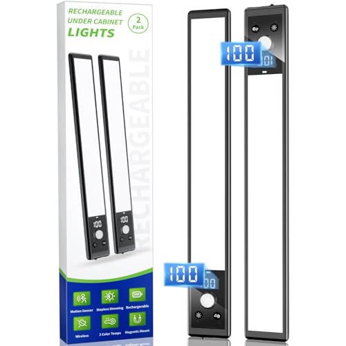 Mpotmiy Under Cabinet Lights with Digital Display,52 LED Rechargeable Motion Sensor Light Indoor,3 Color Temperatures, Magnetic Dimmable Closet Lights, Under Counter Light for Kitchen, Stairs,2-Pack