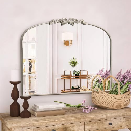 Image of Besdomus Vintage Arched Large Mirror: 36 inchx29 inch Silver Bow Decorative Mirror | French Baroque Metal Framed - Traditional Ornate for Entryway /Fireplace /Bathroom /Living Room - Ideal for Home Renovations