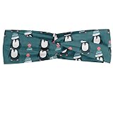 ABAKUHAUS Noël Bandeau, Marry Noël Penguins en hiver avec la neige Tuque Noel Oiseaux Doodle, Serre-tête Féminin Élastique et Doux pour Sport et pour Usage Quotidien, Bleu pétrole et Corail
