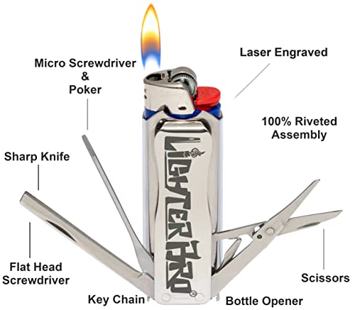LighterBro Silver - Stainless Steel Sleeve to Transform Your Pocket Lighter - Lighter Case with Poker, Super Sharp Knife & Scissors, Bottle Opener, Screwdrivers, & Keychain Holder