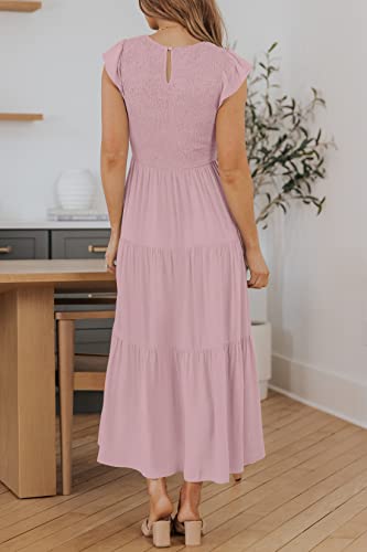 Zesica Women's 2023 Summer Casual Flutter Short Sleeve Crew Neck Smocked Elastic Waist Tiered Midi Dress,Darkpink,Small #TOP2